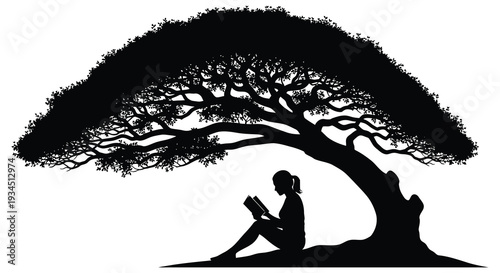 A solitary figure reads a book beneath the sprawling branches of a large tree depicted as a silhouette