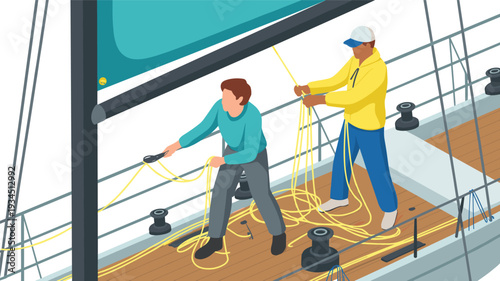 Isometric sailors adjusting yacht ropes illustration, teamwork on sailboat deck nautical vector scene isolated