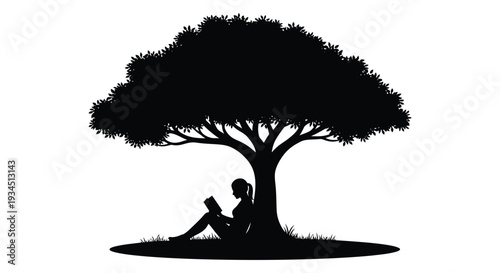 A person sits reading a book beneath the expansive branches of a large tree presented as a silhouette