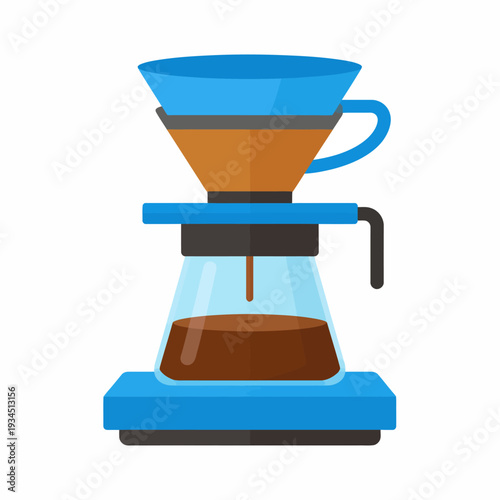 Front view illustration depicting a blue pourover coffee maker with glass container and brown coffee, showing the funnel handle and base in a simple cartoonish graphic style
