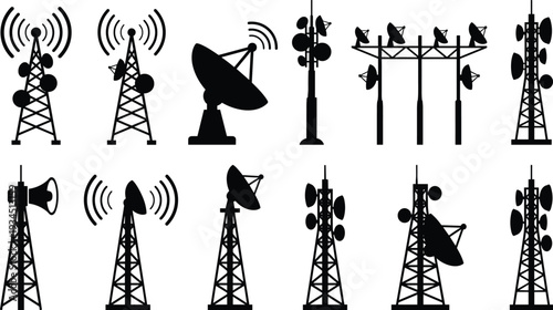 WebSet of telecommunication tower silhouettes, radio antenna and satellite dish vector icons, cellular signal transmitter station, broadcast equipment communication elements.