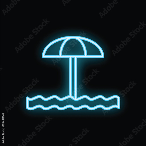 Neon sign representing a beach umbrella planted on the seaside, symbol of summer vacation