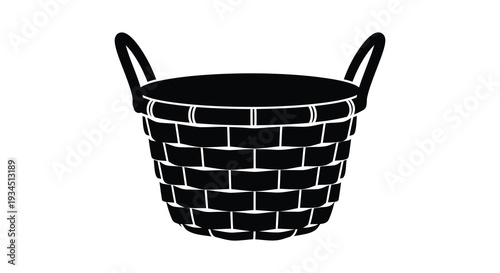 A detailed black and white illustration of a woven basket with handles showcasing a striking silhouette high quality