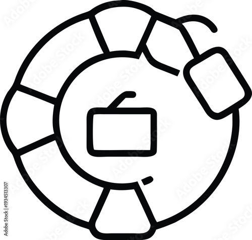 A black and white line art vector of a life buoy with a bag inside and a hanging tag on the right side