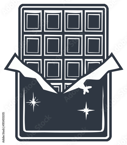 Delicious dark chocolate bar with wrapper open showcasing cocoa squares and sparkling candy stars for sweetness in monochrome