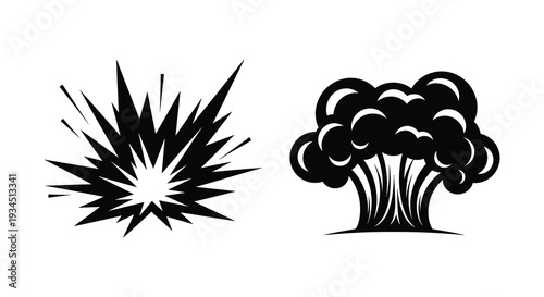 Two distinct explosion designs are presented in stark black showcasing dramatic impact and energy silhouette high quality professional