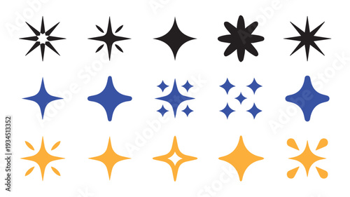 Collection of Starburst and Sparkle Icons in Black, Blue, and Orange Hues