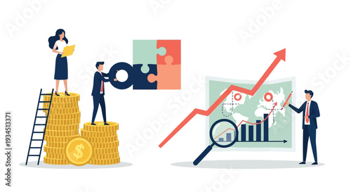 Business growth and success people connecting pieces and analyzing data