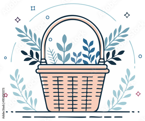 Handwoven picnic basket with leafy botanical elements showcasing nature's bounty and rustic charm in minimalist vector illustration