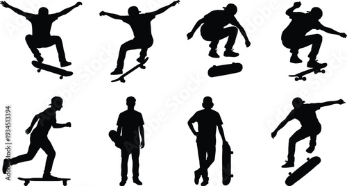 WebSkateboarder silhouette set featuring men performing tricks, jumping, riding, holding skateboards, athletic male figures, urban sports, isolated vector illustration,