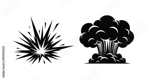 Two distinct explosion designs are presented in stark black exhibiting dynamic shapes and impactful energy silhouette high quality