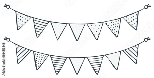 Hand-drawn Triangle Bunting Flags with Patterns and Stripes on a White Background