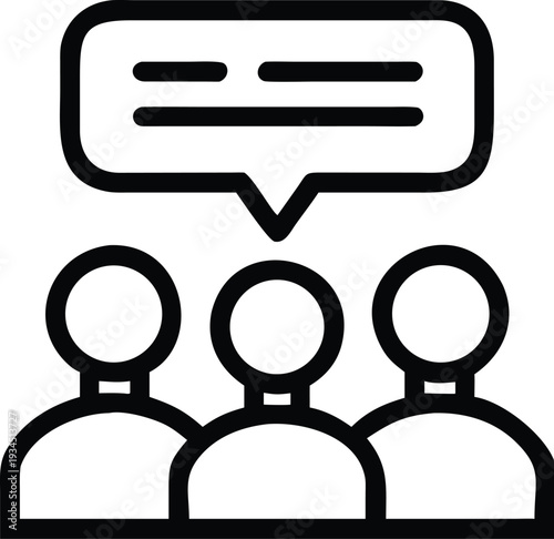 Three people talking in a speech bubble icon illustrating communication and group discussion
