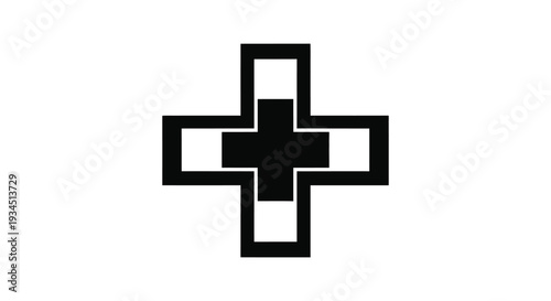 A stark geometric black cross composed of overlapping rectangular shapes against a plain white background silhouette high quality