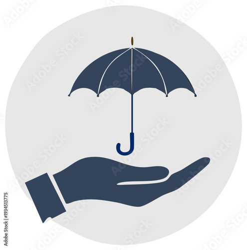 Hand holding a dark blue umbrella for protection in a grey circle