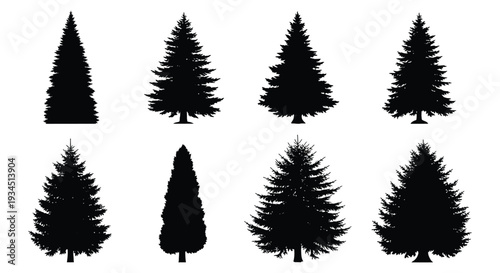 A collection of various coniferous tree shapes displayed in stark black creating a natural minimalist silhouette high quality