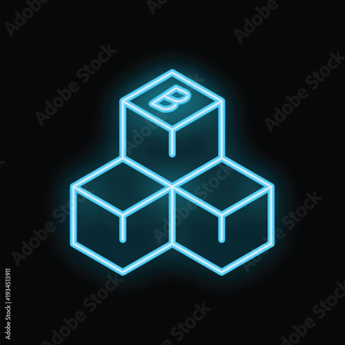 Glowing neon blue blockchain icon symbolizing the decentralized and secure nature of cryptocurrency