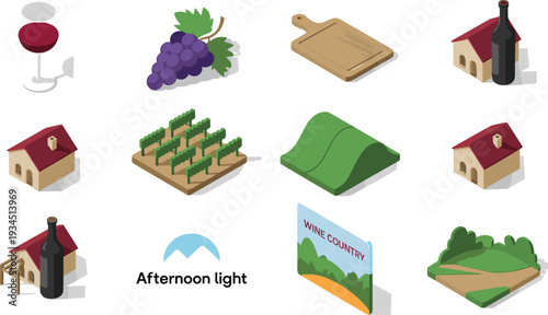 Wine country isometric icon collection, vineyard winery grape harvest and rural landscape elements set