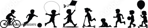 WebVector silhouette collection of children playing with bicycles, kites, and balloons, and diverse black woman profile headshots with natural hairstyles.