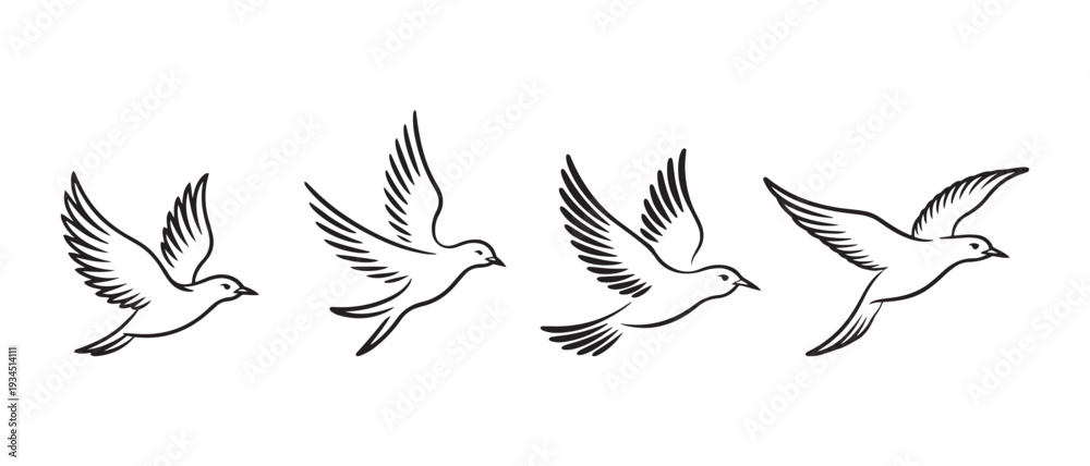 Obraz premium Stylized line art birds flying in sequence, a symbol of freedom, migration, and progress, perfect for design.