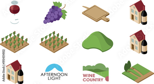 Wine country isometric icon set, vineyard winery and grape harvest elements collection