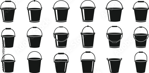 WebWater bucket silhouette icons set, black plastic and metal pails collection, construction and garden equipment vector illustration for web design.