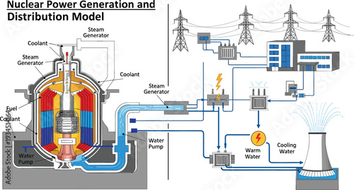 Nuclear power plant generation and distribution model diagram showing reactor steam generator cooling tower and electrical power grid