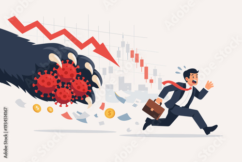 Businessman running away from a giant bear paw holding coronavirus cells, symbolizing a bear market and stock market crash during the COVID-19 pandemic, financial crisis and investor panic selling.