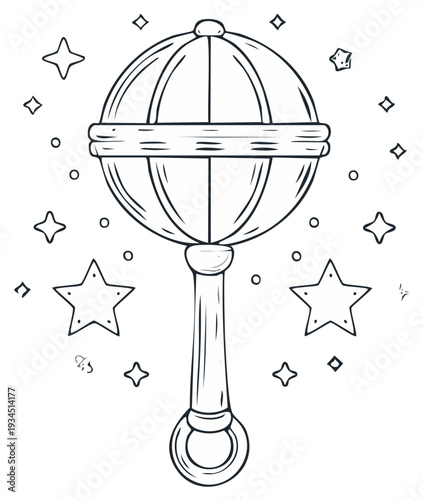 Line art illustration of a baby rattle with stars, hand drawn doodle style