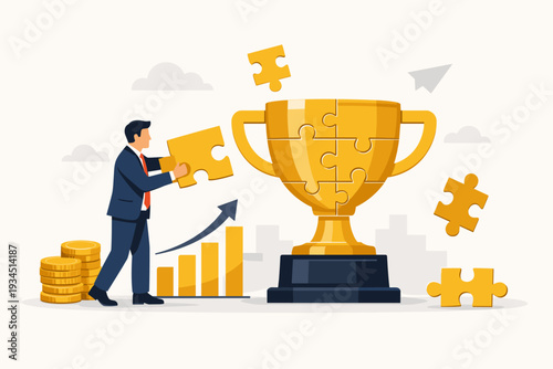 Businessman assembling a golden trophy made of jigsaw puzzle pieces, representing business growth, success, and strategic achievement. Includes gold coins and rising bar chart for progress.