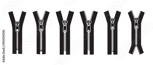 Black Zipper Closures, Partially Open and Closed, Isolated on White Background, Clothing Fastener Details.