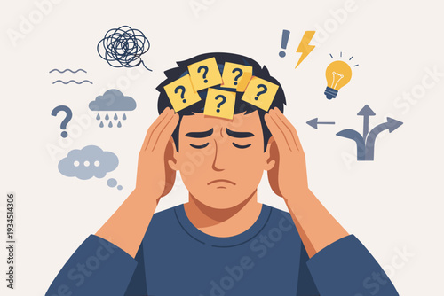 Man Feeling Overwhelmed with Confusion and Stress, Holding Head with Sticky Notes and Question Marks, Mental Health Concept of Anxiety, Doubt, Uncertainty, Decision Making, and Psychological Mess.