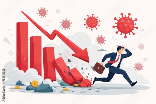 Economic Impact of Coronavirus Pandemic with Businessman Running from Crashing Stock Market Bar Graph and Downward Arrow Representing Financial Crisis Recession Bankruptcy and Global Debt