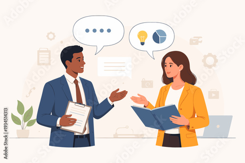 Business team communication and collaboration concept with two diverse professionals discussing ideas, brainstorming strategies, and sharing data insights in a modern office environment.