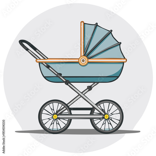 Cartoon illustration of a baby stroller in pastel blue