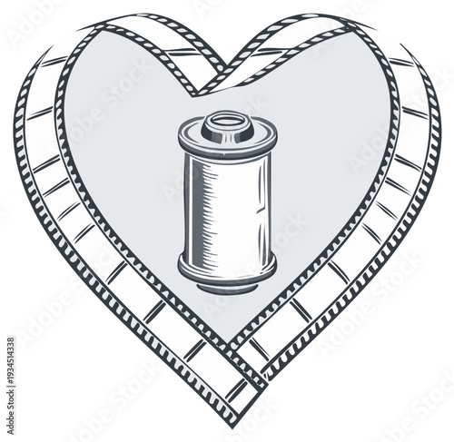 Love for photography and vintage film roll inside heart-shaped frame for photo studio and hobbyist artwork.