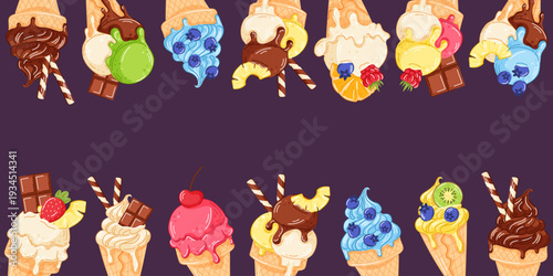 Colorful ice cream cone with fruit, chocolate and syrup decorative border in cartoon style. Illustration for menu, poster, summer party and dessert design.