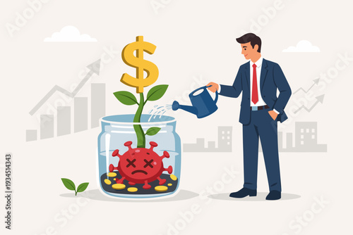 Businessman watering a money plant growing from a jar with a defeated coronavirus, symbolizing economic recovery, financial market growth, and business success after the global pandemic.
