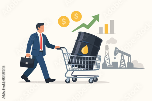 Businessman Pushing Shopping Cart with Crude Oil Barrel, Concept of Investing in Energy Market, Buying Oil Stocks for Profit, Global Fuel Industry, Commodity Trading, Financial Growth and Wealth