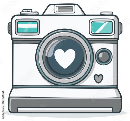Cartoon camera with heart lens for photography and social media concept.