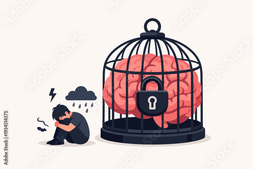 Mental Health Concept Illustration of a Human Brain Trapped in a Locked Cage Representing Fixed Mindset, Psychological Suppression, Depression, Anxiety, and Emotional Distress of a Sad Person