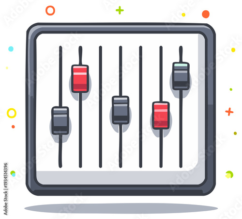 Animated audio mixer console with colorful sliders and festive confetti in the background