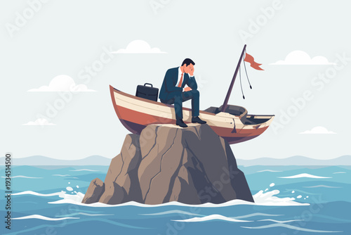 Businessman in a Suit Sitting on a Small Boat Stuck on Top of a Rock in the Middle of the Ocean, Metaphor for Business Failure, Career Struggle, Hopelessness, Financial Crisis, and Obstacles