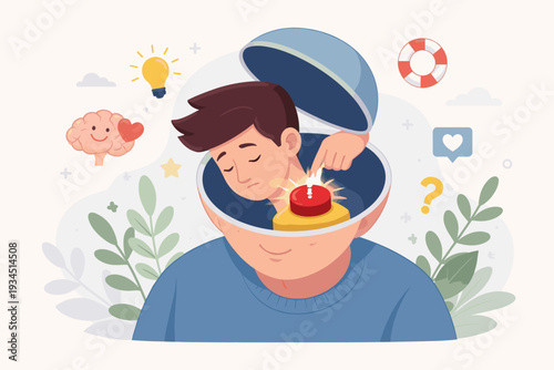 Mental health support and psychotherapy vector illustration showing a man opening his head to reveal his inner self, pressing a button for help to reduce anxiety, stress, and depression.