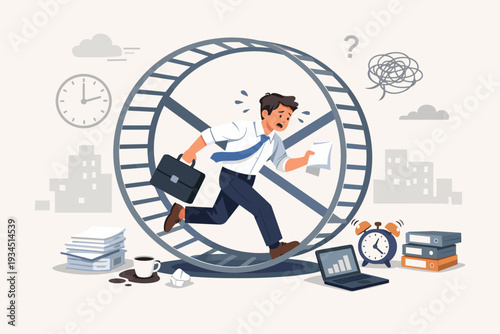 Exhausted Businessman Running in a Hamster Wheel Symbolizing Corporate Burnout, Stress, and Inefficient Work Routine. Tired Employee Trapped in a Career Loop with Deadlines and Heavy Workload.