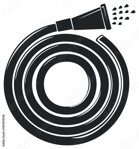 Watering hose spraying water in a circular coil silhouette for garden irrigation and cleaning tasks