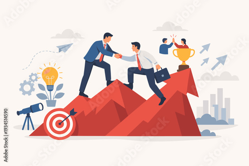 Business partnership and teamwork concept with professional businessmen helping each other climb a red arrow mountain towards success, trophy, and goals, representing support and collaboration.