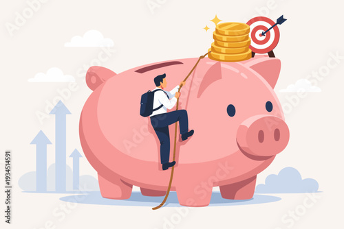 Businessman climbing giant pink piggy bank with rope to reach stack of gold coins and target, representing personal finance strategy, investment goals, retirement planning, and wealth growth.