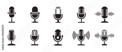 Collection of Vintage and Modern Microphones Icons. Audio Recording, Podcasting, Broadcasting & Music Performance Symbols.