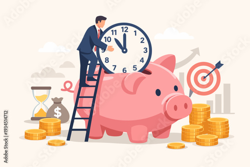 Businessman Putting Clock into Piggy Bank for Time is Money Concept, Representing Financial Investment, Wealth Management, Saving Time for Success, Retirement Planning, and Achieving Goals.